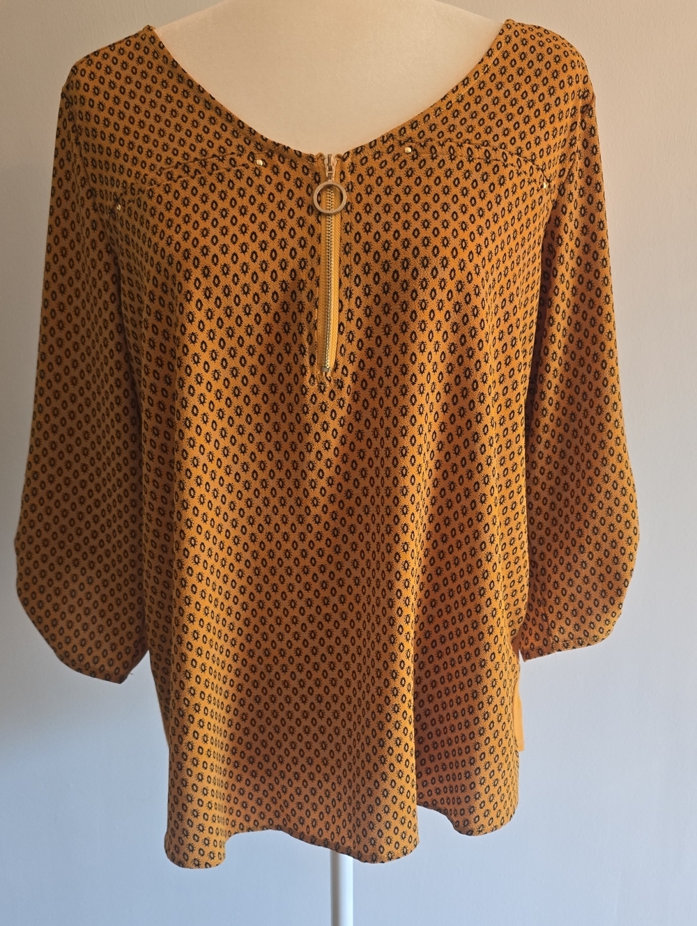Tempted Mustard Patterned Blouse with Ring Zip